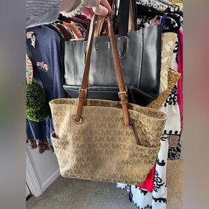 Michael Kors Beige MK Monogram Tote with Brown Leather Straps